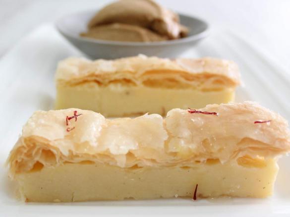 Classic Galaktoboureko, liquorice ice-cream, krokos syrup