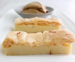 Classic Galaktoboureko, liquorice ice-cream, krokos syrup