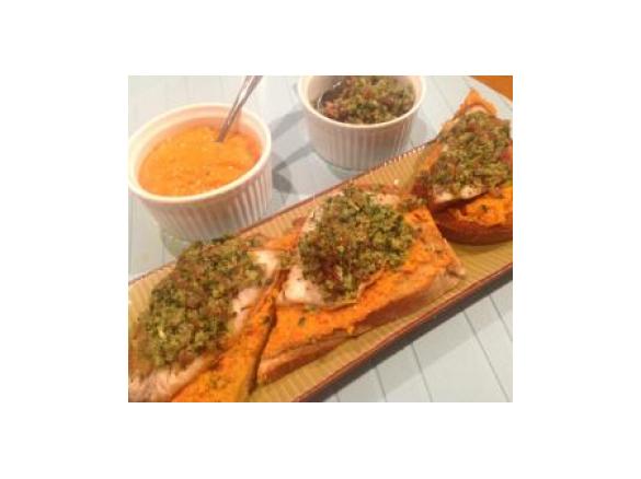 Spanish Tapas - Fish fillet, Romanesco tomato sauce and Jamon parsley crumb on sourdough