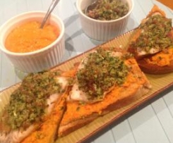 Spanish Tapas - Fish fillet, Romanesco tomato sauce and Jamon parsley crumb on sourdough