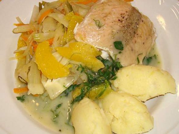 ALL IN ONE Steamed fish on orange fennel bed and mashed potatoes