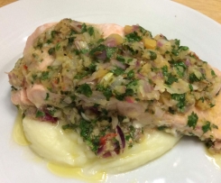 Salmon with chermoula, mashed potato and spinach