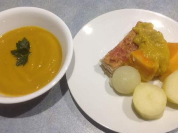 Roast Pork Belly with steamed vegetables and pumpkin, fennel soup