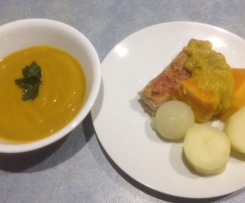 Roast Pork Belly with steamed vegetables and pumpkin, fennel soup